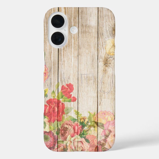 Funda iPhone 16 Madera de Rosas Rústicos Vintage (Reverso )