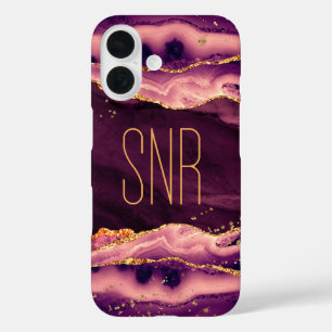 Funda iPhone 16 Magenta Agate Geode Monograma Nombre Gold Purpurin