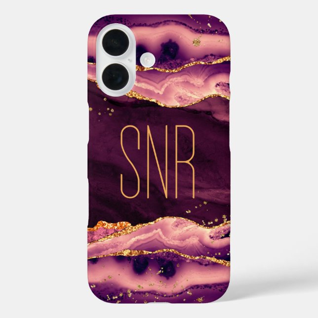 Funda iPhone 16 Magenta Agate Geode Monograma Nombre Gold Purpurin (Reverso )