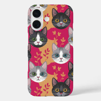 Funda iPhone 16 Magenta y gatito de hoja botánica