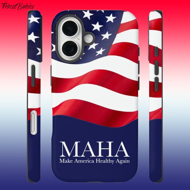 Funda iPhone 16 MAHA Hacer a Estados Unidos Saludable Otra Vez Ban (ForestBabies MAHA Make America Healthy Again Patriotic Red White Blue USA Flag Tough Phone Case🇺🇸 )