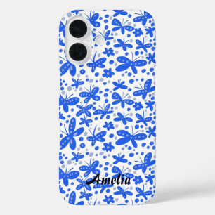 Funda iPhone 16 Maletín de la cartera para iPhone de mariposas azu