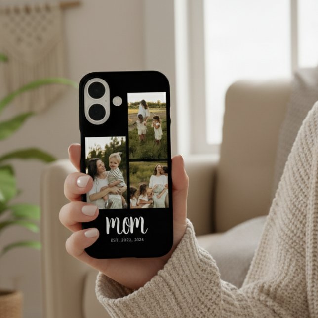 Funda iPhone 16 Mamá Estableció Escritura Moderna Negra 3 Foto (elegant 3 photo mom established phone case with dates years for mothers day christmas gift for moms)