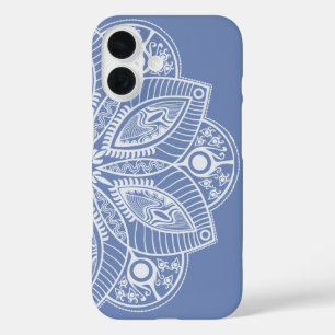 Funda iPhone 16 Mandala blanca exótica con fondo azul