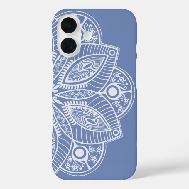 Funda iPhone 16 Mandala blanca exótica con fondo azul (Reverso )