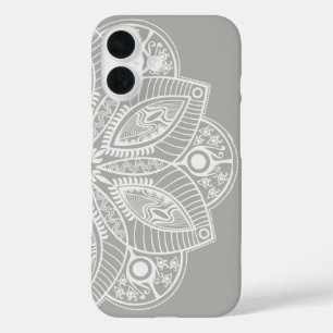 Funda iPhone 16 Mandala blanca exótica con fondo gris