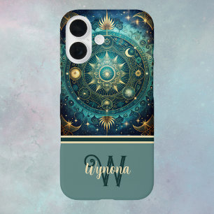 Funda iPhone 16 Mandala celeste Galaxia lunar Monograma de oro Ver