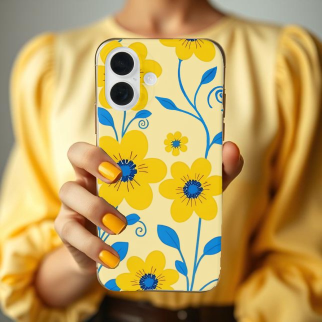 Funda iPhone 16 Mantequilla floral amarilla y azul (Butter Yellow and Blue Floral Case-Mate iPhone Case)