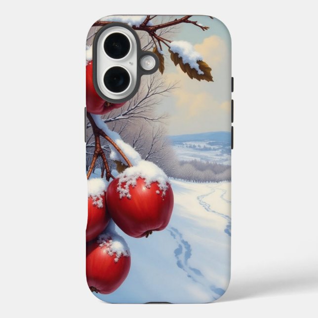 Funda iPhone 16 Manzanas rojas deliciosas y nieve (Reverso )