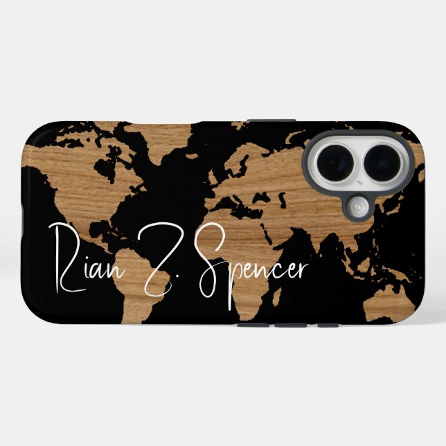Funda iPhone 16 Mapa mundial con nombre en negro (Reverso (Horizontal))
