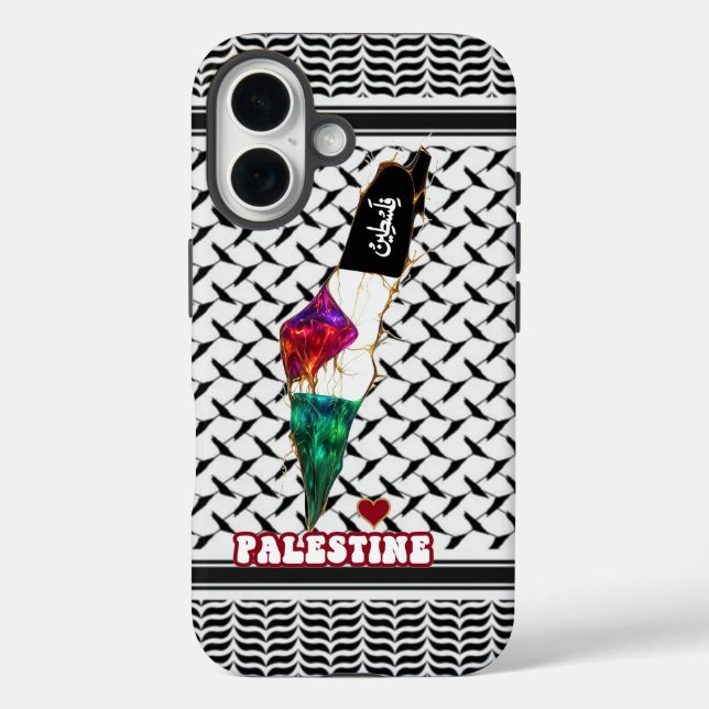 Funda iPhone 16 Mapa palestino keffiyeh con fuente árabe (Reverso )