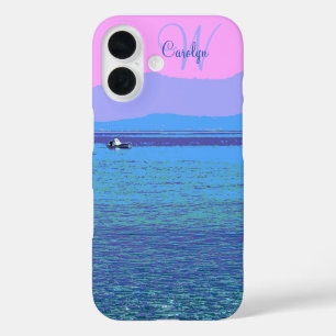 Funda iPhone 16 Mar Mediterráneo azul, cielo rosa, con monograma