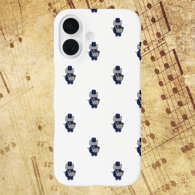Funda iPhone 16 Marching Band Cat Drummer Navy Blue Gold Pattern (A phone case with a pattern of gray cats playing the drums while wearing navy blue and gold.)
