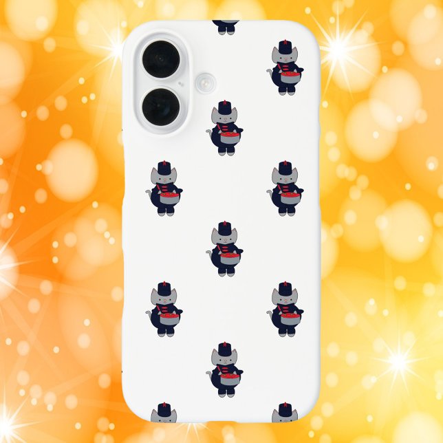 Funda iPhone 16 Marching Band Drummer Cat Navy Blue Red Pattern (A phone case with a pattern of  cats playing the drums in a navy blue & red marching band uniform)