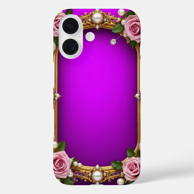 Funda iPhone 16 Marco dorado con elegantes Rosas y perlas (Reverso )