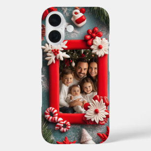 Funda iPhone 16 Marco Rojo de Foto de Navidad Personalizable