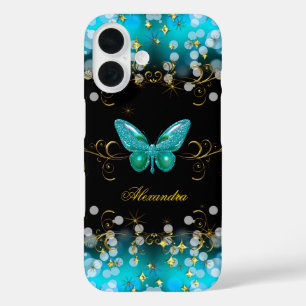 Funda iPhone 16 Mariposa Exótica Azul Turquesa Oro Negro Brillante