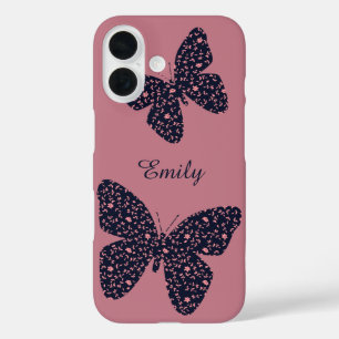 Funda iPhone 16 Mariposa floral rosa y violeta personalizada