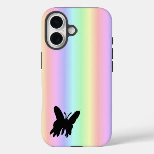 Funda iPhone 16 Mariposa negra en el arcoiris pastel