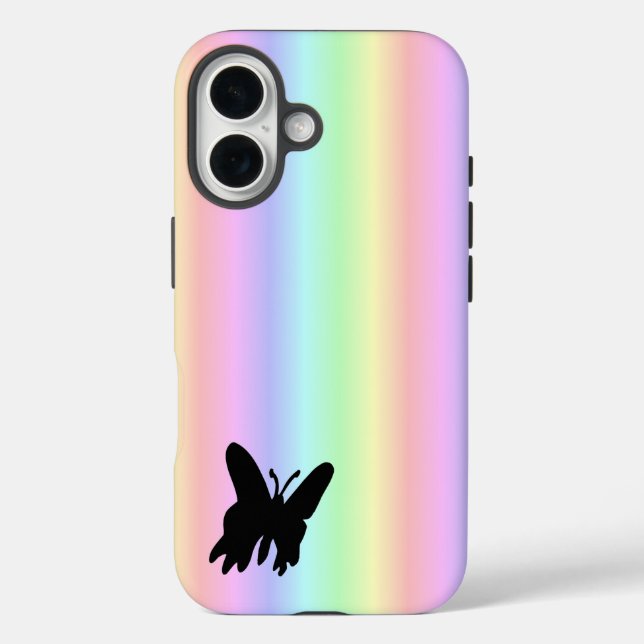 Funda iPhone 16 Mariposa negra en el arcoiris pastel (Reverso )