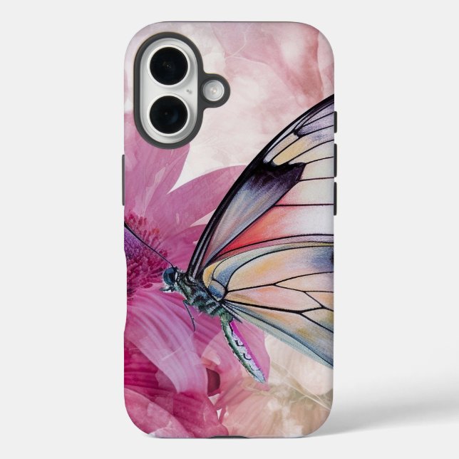 Funda iPhone 16 Mariposa soñadora con flores rosas (Reverso )