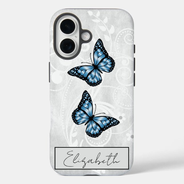 Funda iPhone 16 Mariposas azules brillantes (Reverso )