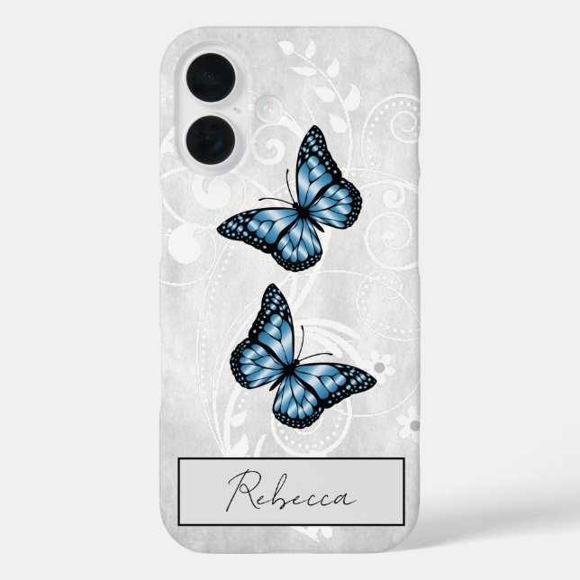 Funda iPhone 16 Mariposas azules brillantes (Reverso )