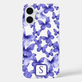 Funda iPhone 16 Mariposas azules Monograma moderno Personalizado e