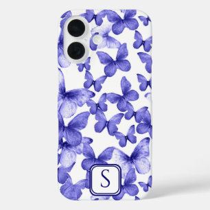 Funda iPhone 16 Mariposas azules Monograma moderno Personalizado e