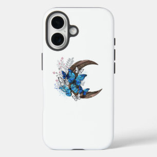 Funda iPhone 16 Mariposas azules sobre la media luna de madera
