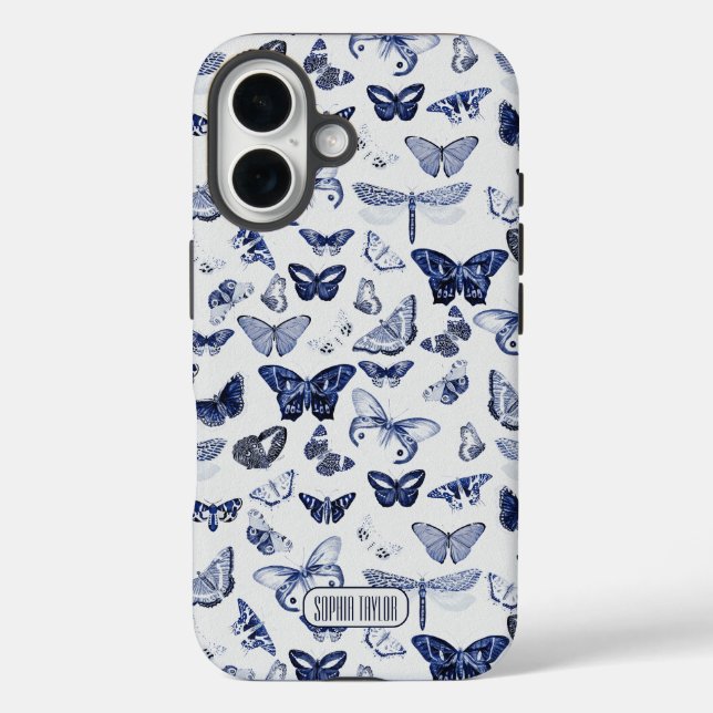 Funda iPhone 16 Mariposas azules vintage (Reverso )