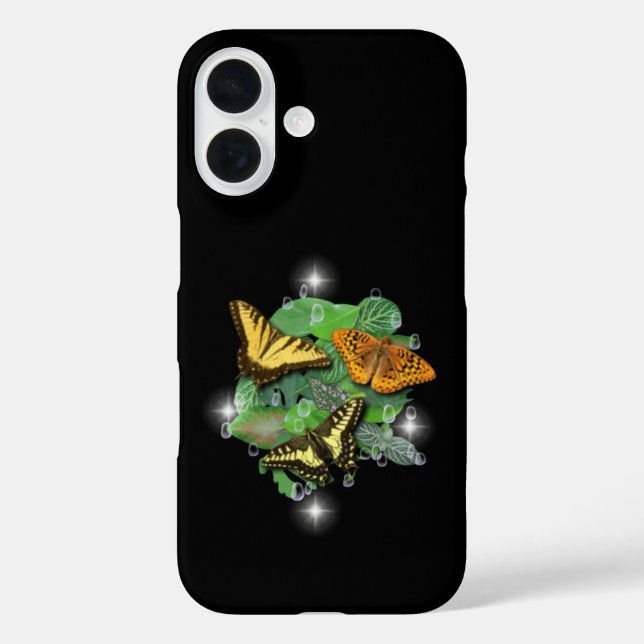 Funda iPhone 16 Mariposas con gotas de lluvia de hojas y estrellas (Reverso )