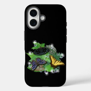 Funda iPhone 16 Mariposas con hojas gotas de lluvia estrellas