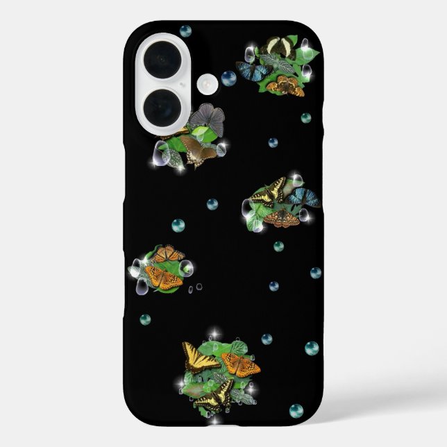 Funda iPhone 16 Mariposas con hojas, lluvias, estrellas y perlas (Reverso )