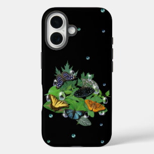 Funda iPhone 16 Mariposas con hojas, lluvias, estrellas y perlas