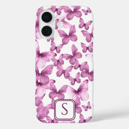Funda iPhone 16 Mariposas rosadas Monograma moderno Personalizado