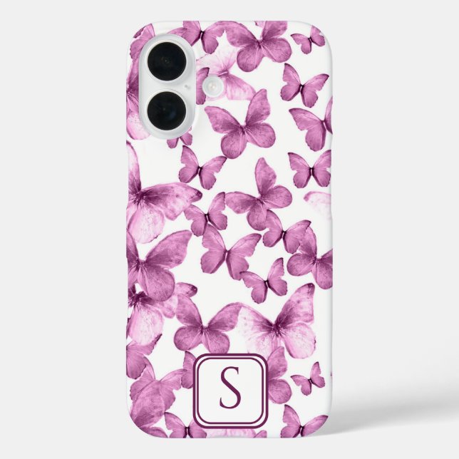 Funda iPhone 16 Mariposas rosadas Monograma moderno Personalizado  (Reverso )