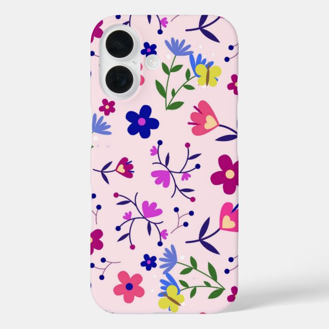 Funda iPhone 16 Mariposas y flores cortas en rosa (Reverso )