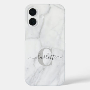Funda iPhone 16 Mármol blanco y gris monogramado personalizado