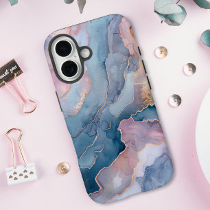 Funda iPhone 16 Mármol de ágata azul chic rosa dorado