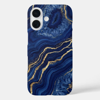 Funda iPhone 16 Mármol de ágata geoda azul marino y oro de lujo