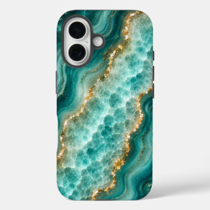 Funda iPhone 16 Mármol de ágata turquesa de lujo con vetas de oro