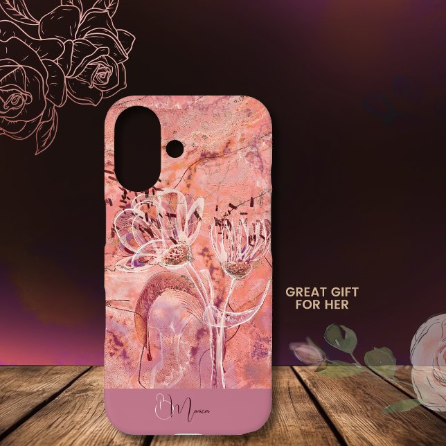 Funda iPhone 16 Mármol de flores rosadas de bonito Girly Salmon (Pretty Girly Salmon Pink Flowers Marble Case-Mate iPhone Case)