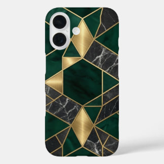 Funda iPhone 16 Mármol de malaquita verde esmeralda moderno y lató