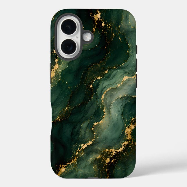 Funda iPhone 16 Mármol Esmeralda de Lujo con Venas Doradas (Reverso )