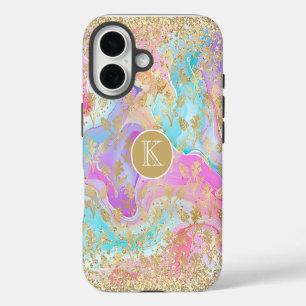 Funda iPhone 16 Mármol Líquido Colorido Monograma Floral Dorado