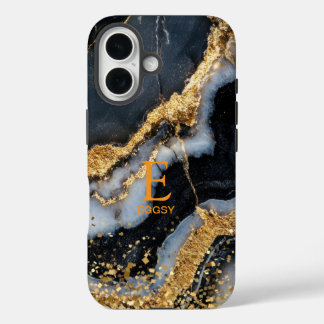 Funda iPhone 16 Mármol negro chic monograma con brillo dorado