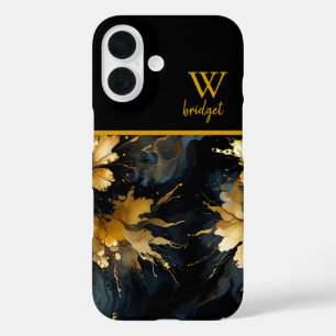 Funda iPhone 16 mármol negro dorado abstracto de moda