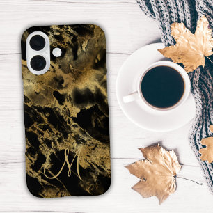 Funda iPhone 16 Mármol negro dorado Monograma Tinta Alcoholica Acu