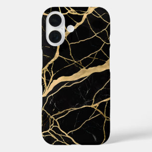 Funda iPhone 16 Mármol negro lujoso con vetas doradas